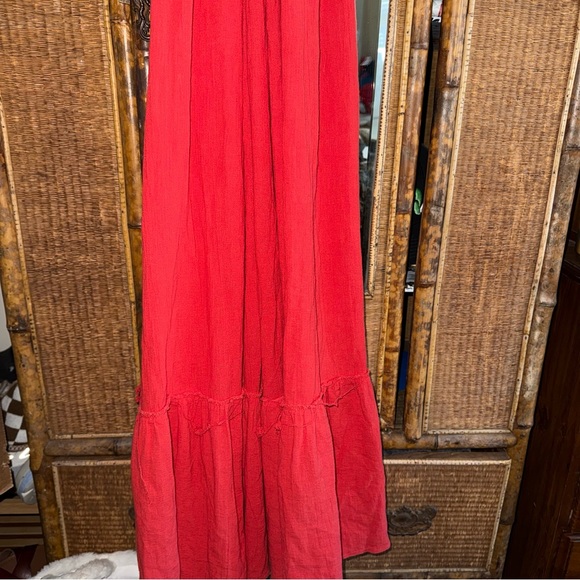 Free People Boho Rust Orange Smocked Halter Dress with Blue Embroidery - Picture 2 of 5